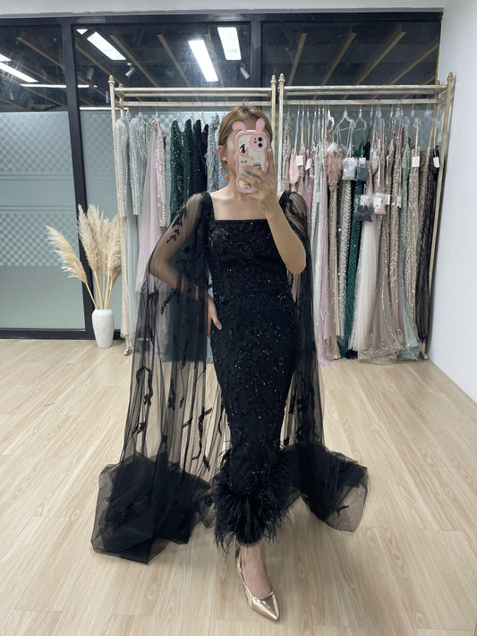 Luxury Handmade Beading Feather Bottom Cape Sleeve Midi Evening Party Dress MB40191