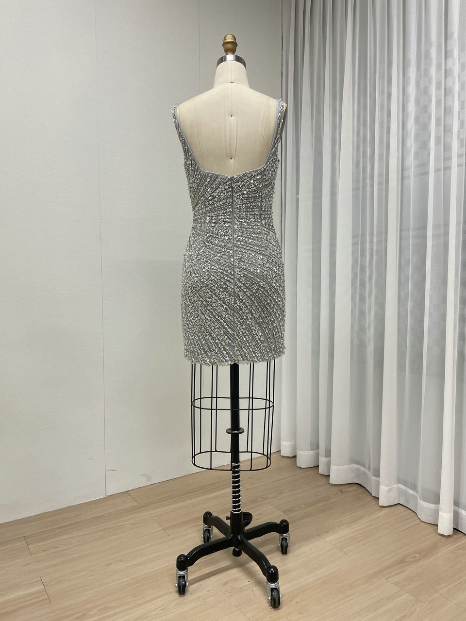 Sparkly Silver Crystal Beading Mini Dress with Detachable Tulle Overskirt ASU2020-08S