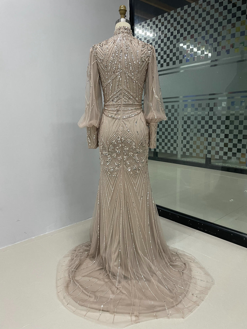 Elegant Nude Mermaid Formal Gown Long Sleeve Modest Evening Dress DDA004