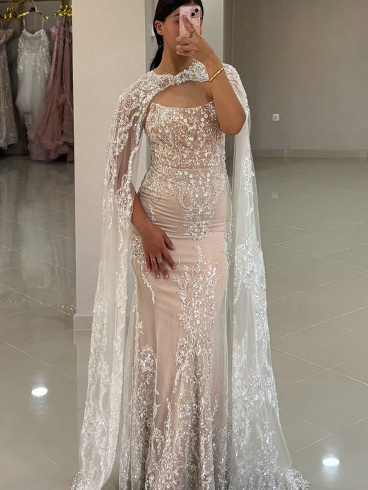 Exquisite Strapless Lace Embroidery Shoulder Cape Wedding Party Dress DDS044B