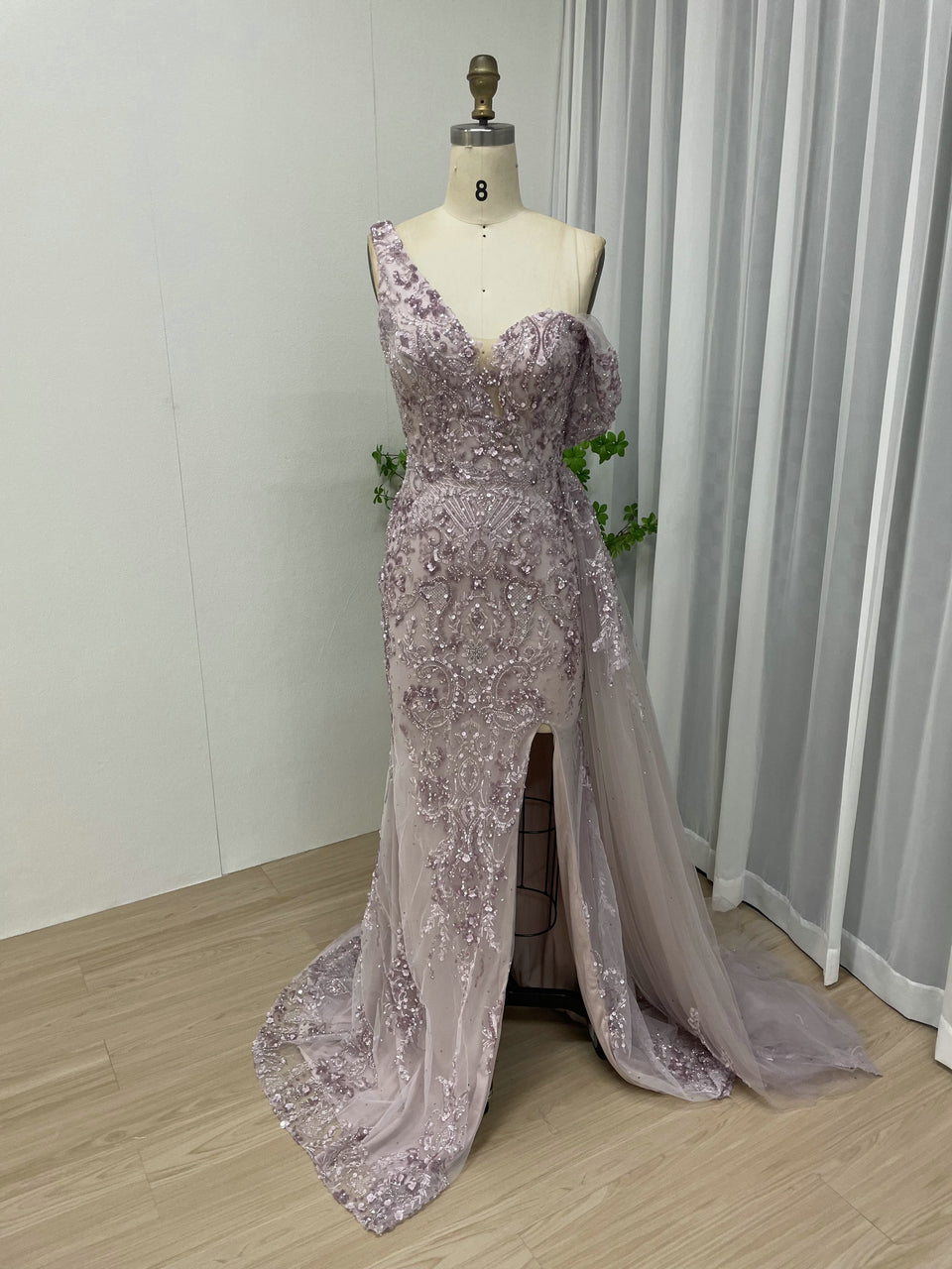 One-Shoulder Asymmetric Cut High Slit Lace Mermaid Couture Evening Gown DDS065