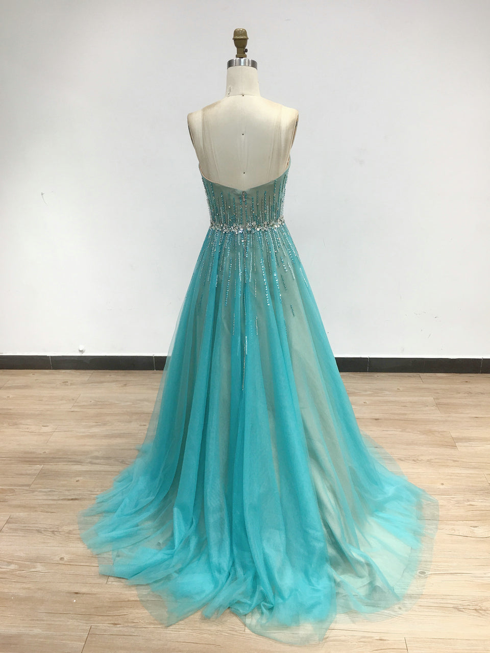 Beautiful Strapless Beaded Aqua Blue A Line Tulle Prom Dress DSH15077