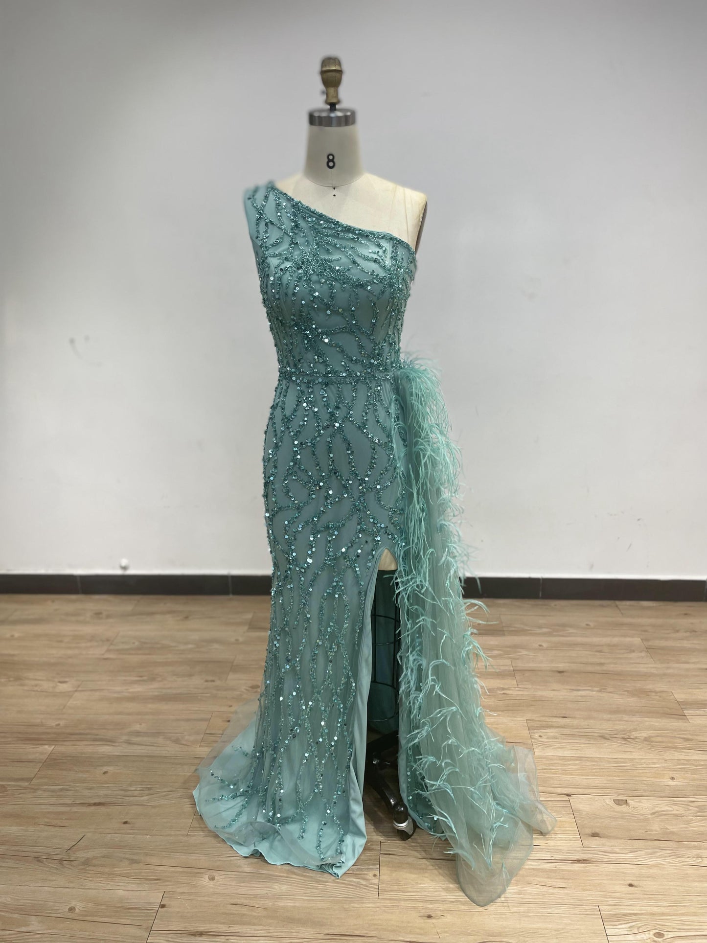 One Shoulder Couture Beading Split Feather Side-skirt  Evening Dress DXM003