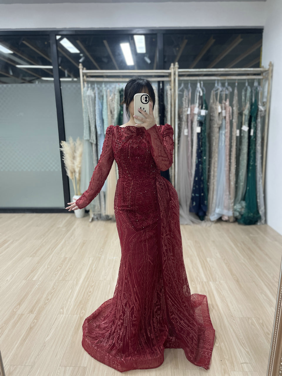 Boat Neck Long Sleeve Wedding Party Guest Couture Lace Evening Dress MB20008