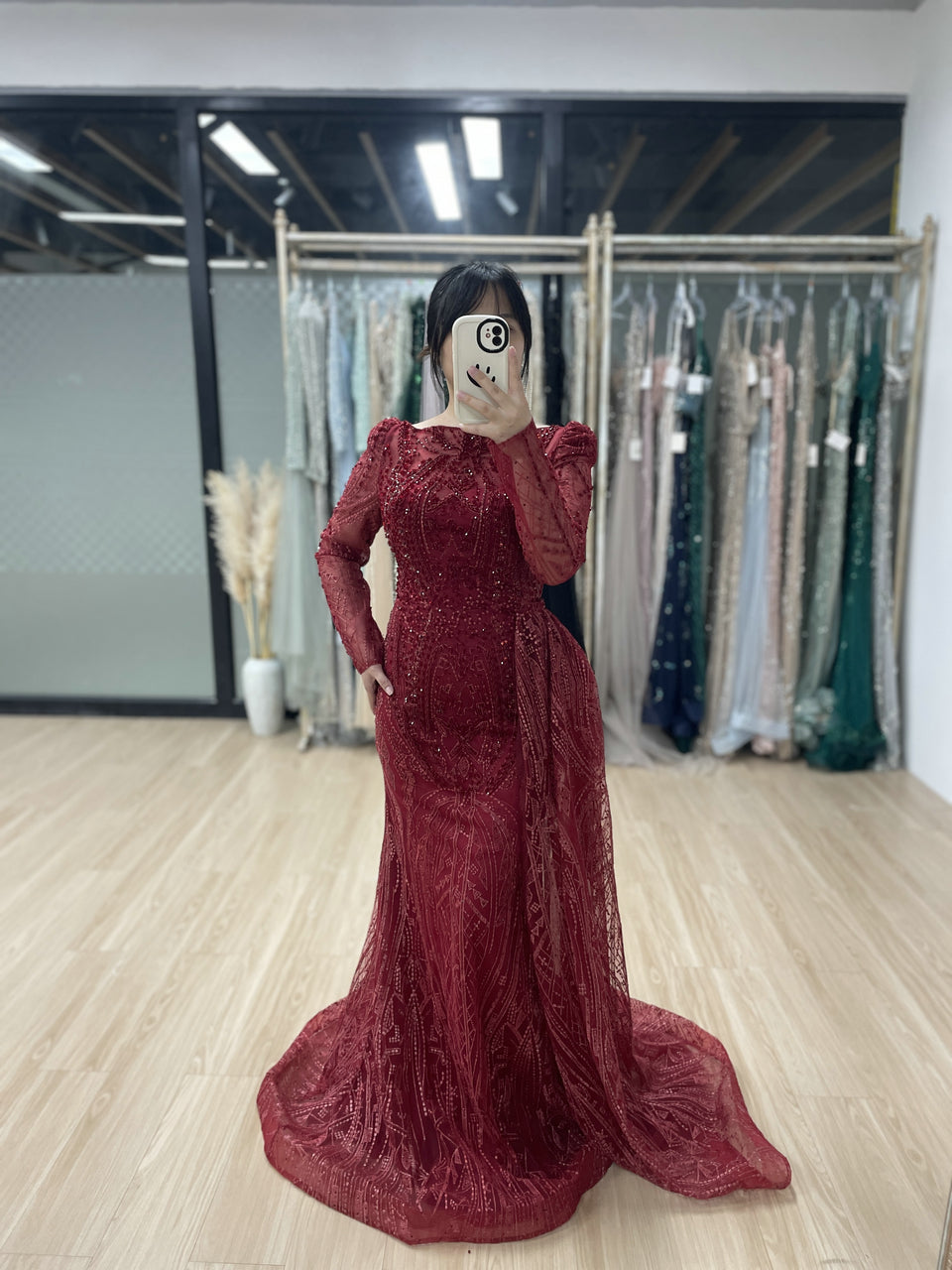 Boat Neck Long Sleeve Wedding Party Guest Couture Lace Evening Dress MB20008