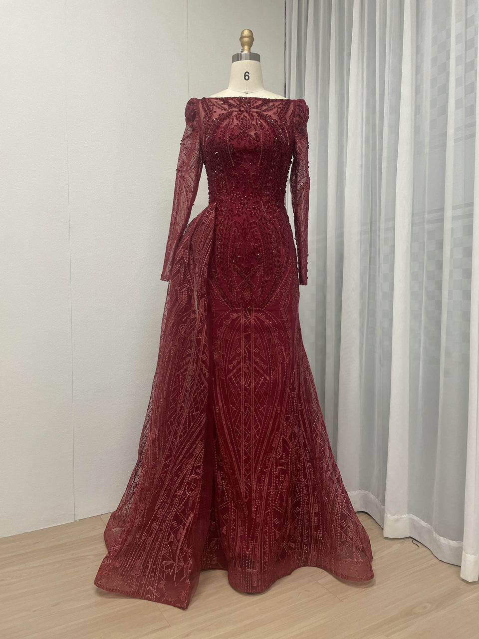 Boat Neck Long Sleeve Wedding Party Guest Couture Lace Evening Dress MB20008