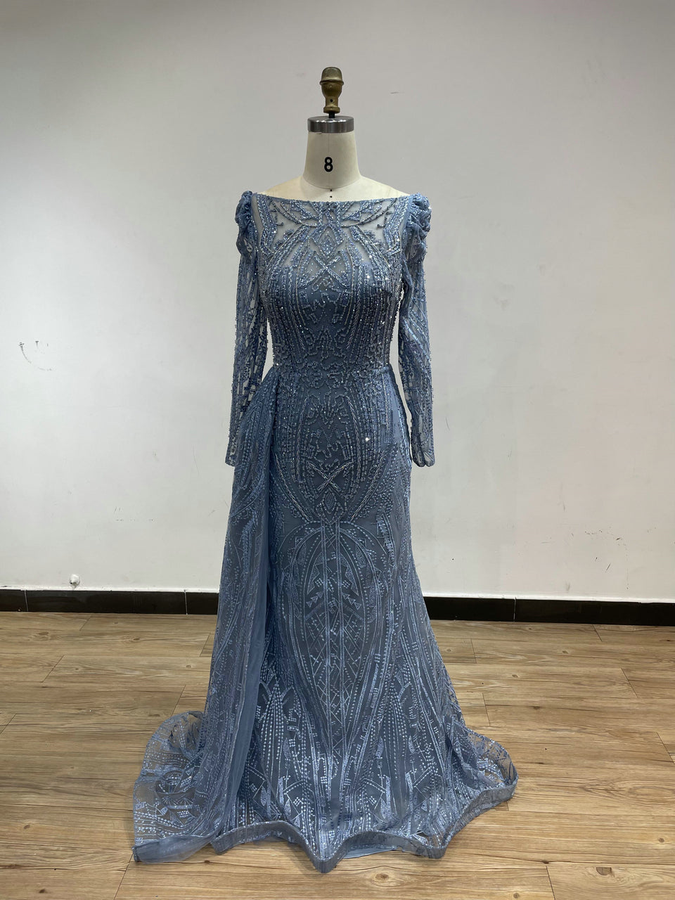 Boat Neck Long Sleeve Wedding Party Guest Couture Lace Evening Dress MB20008