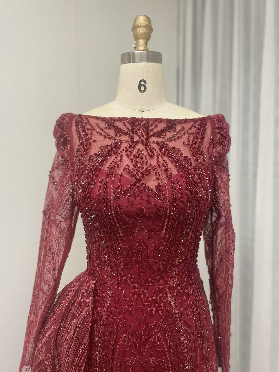 Boat Neck Long Sleeve Wedding Party Guest Couture Lace Evening Dress MB20008