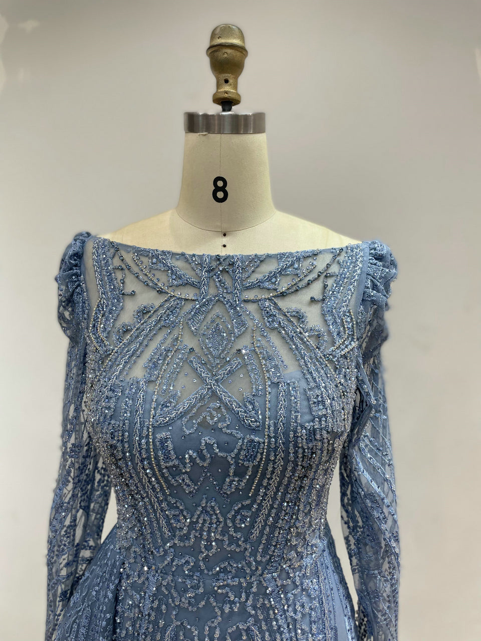 Boat Neck Long Sleeve Wedding Party Guest Couture Lace Evening Dress MB20008