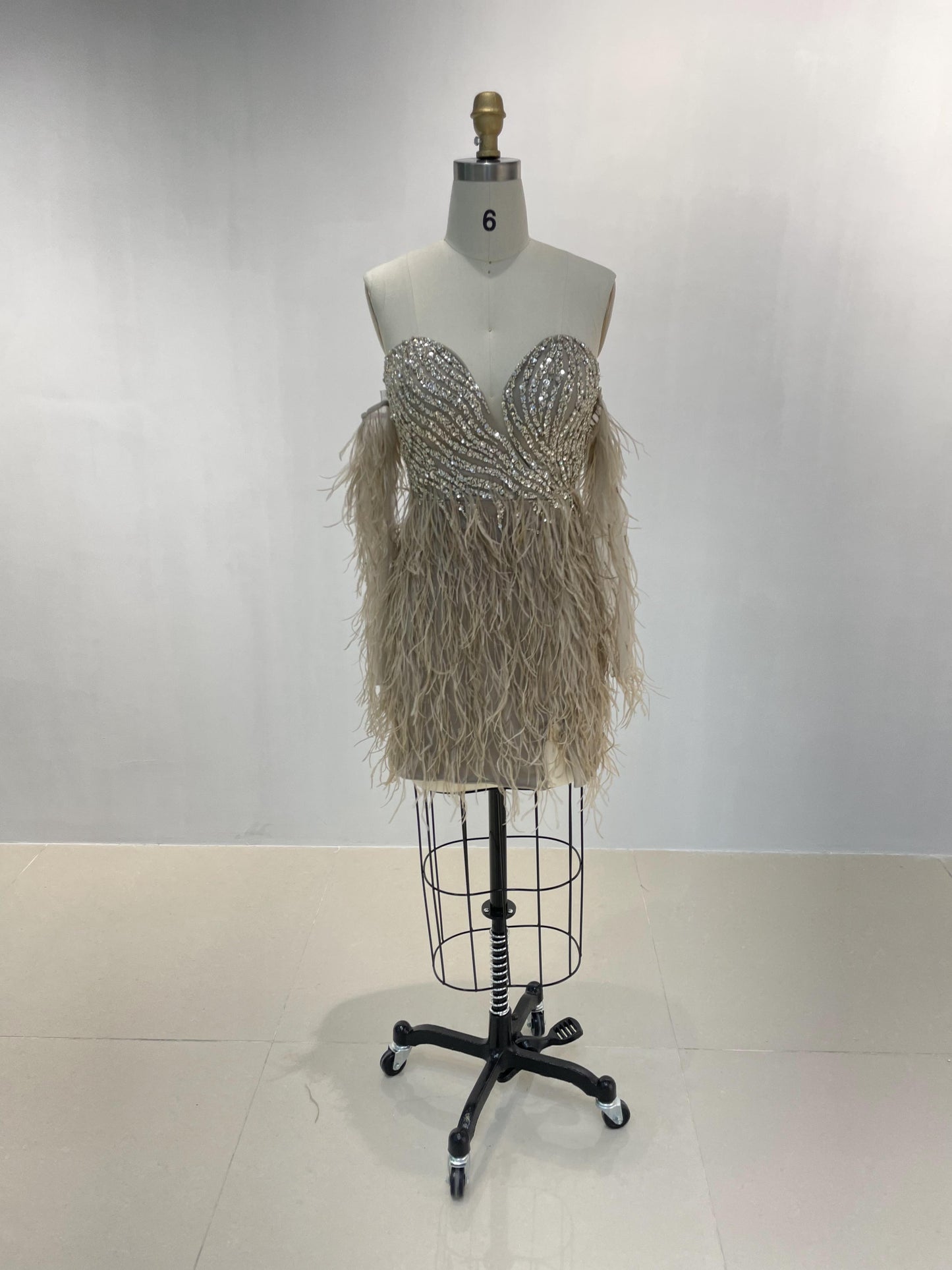 Strapless Couture Beading Feather Long Sleeve Short Dress MB20019