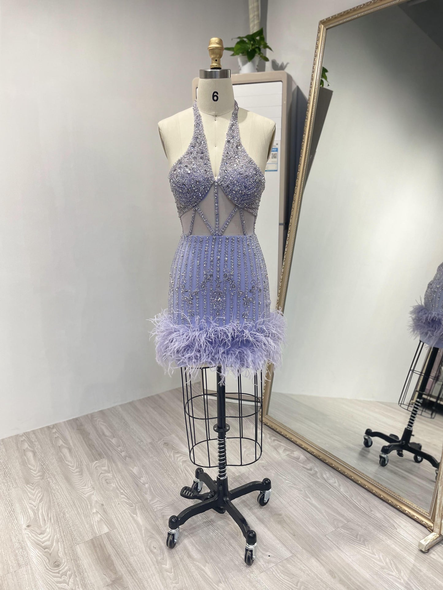 Halter Neck Beading Feather Short Party Dress MB40003