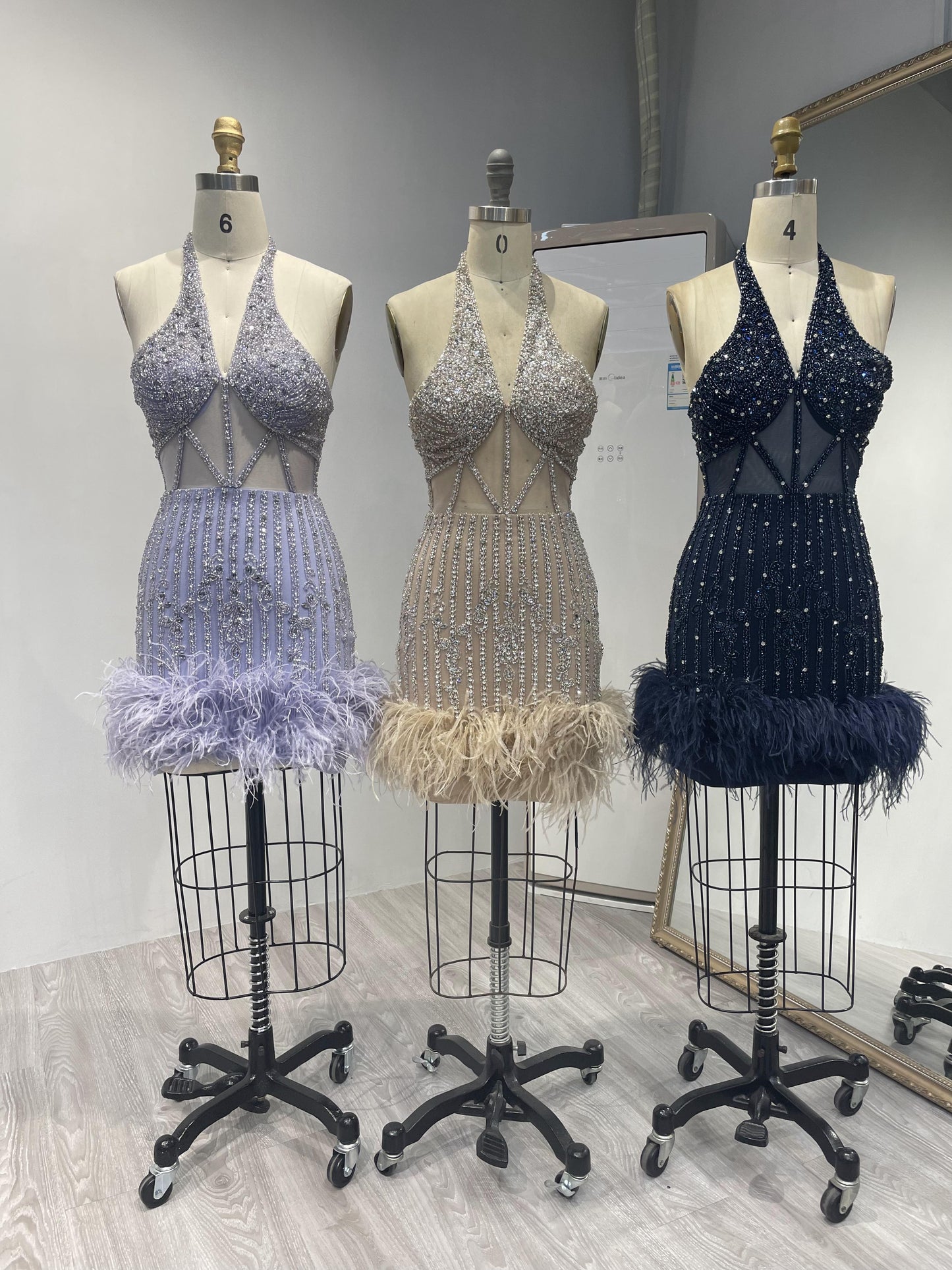 Halter Neck Beading Feather Short Party Dress MB40003