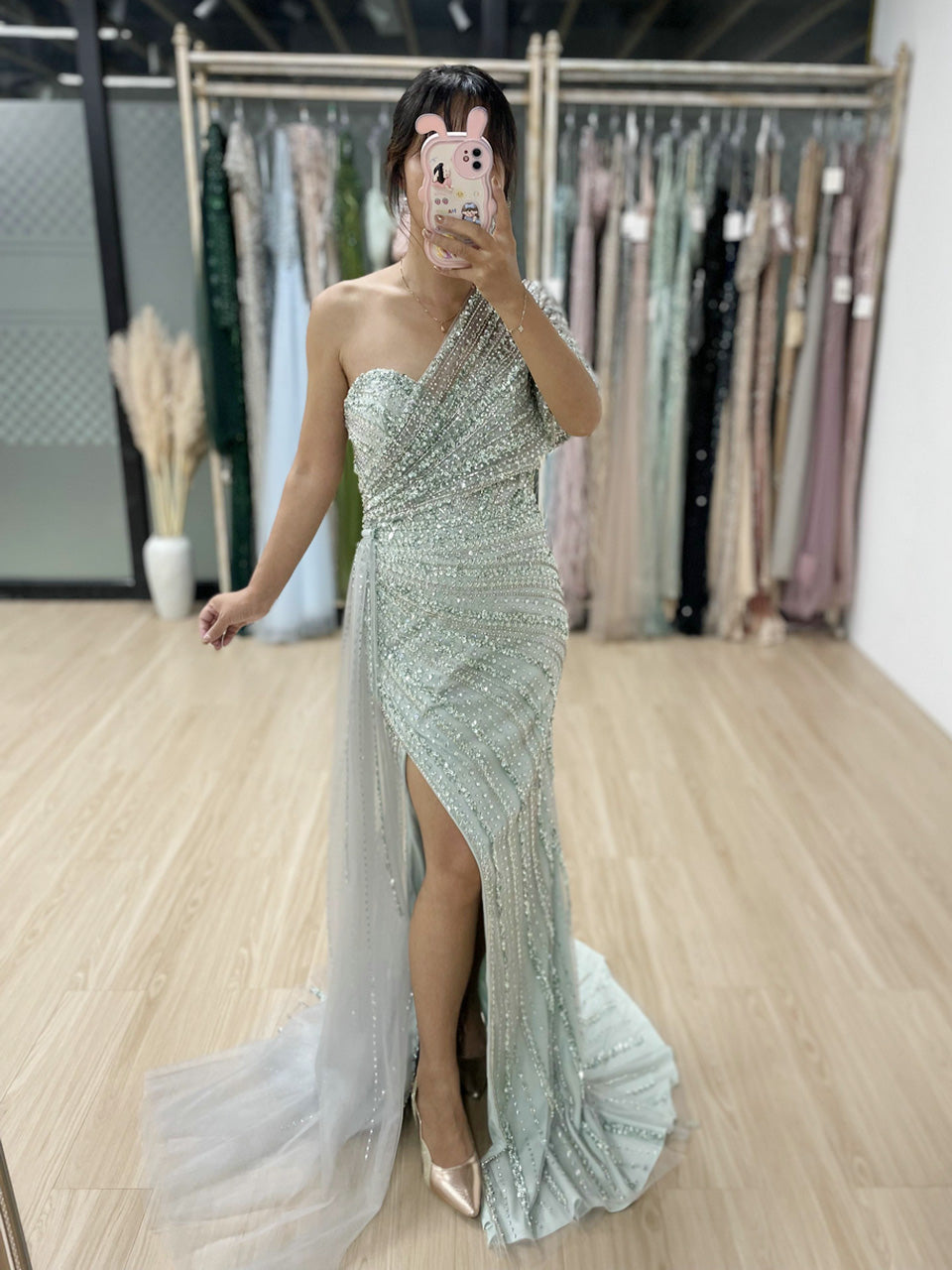 Exclusive Luxury Handmade Beading Evening Dress One-Shoulder High Slit Wedding Party Dress MB40028-3