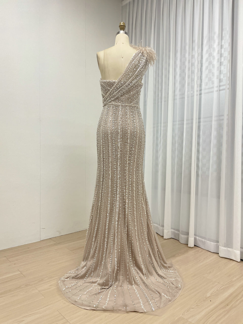 Champagne Crystal Beading One-Shoulder Mermaid Gown with Feather Trim & High Slit MB40028-3B