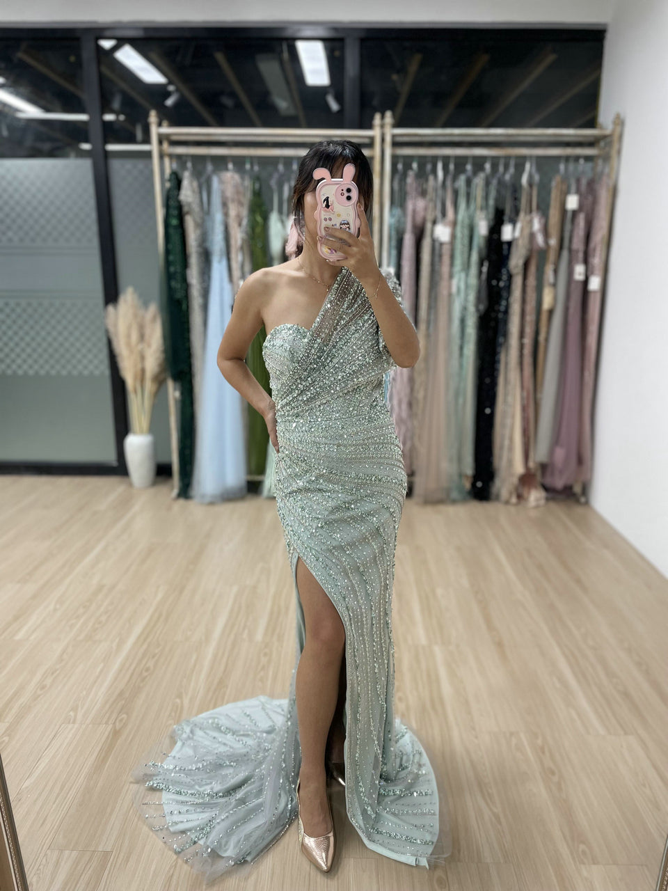 Exclusive Luxury Handmade Beading Evening Dress One-Shoulder High Slit Wedding Party Dress MB40028-3