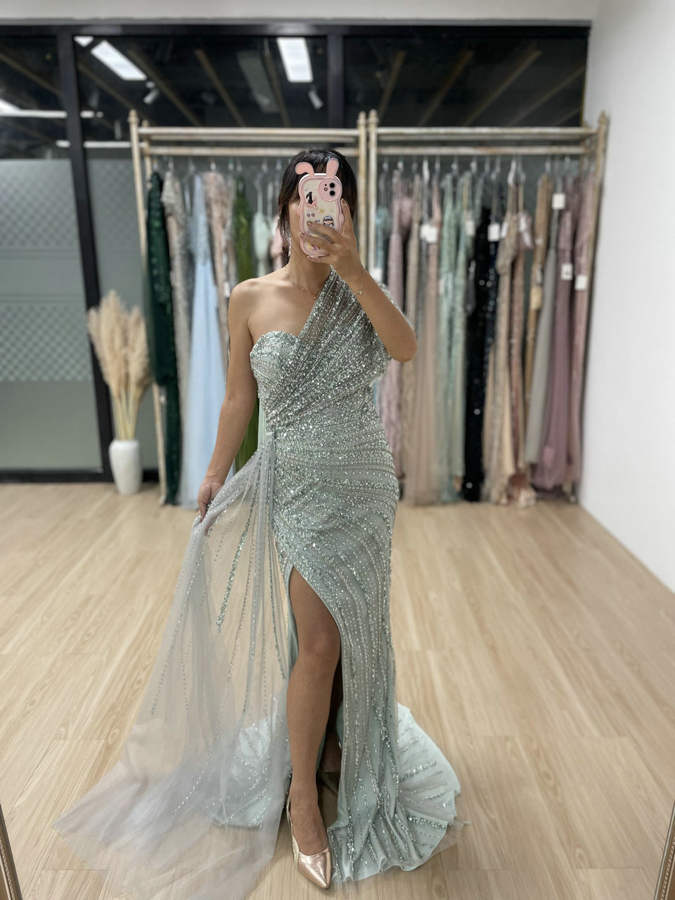 Exclusive Luxury Handmade Beading Evening Dress One-Shoulder High Slit Wedding Party Dress MB40028-3