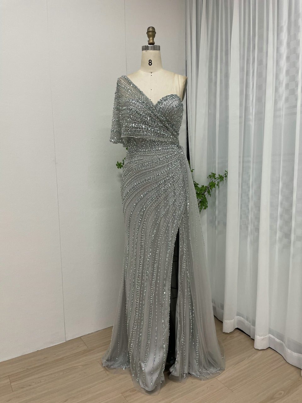 Exclusive Luxury Handmade Beading Evening Dress One-Shoulder High Slit Wedding Party Dress MB40028-3