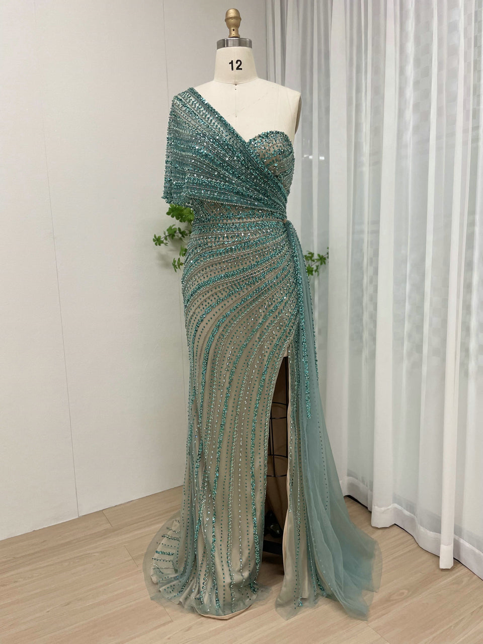 Exclusive Luxury Handmade Beading Evening Dress One-Shoulder High Slit Wedding Party Dress MB40028-3