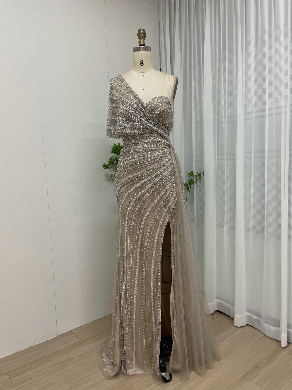 Exclusive Luxury Handmade Beading Evening Dress One-Shoulder High Slit Wedding Party Dress MB40028-3