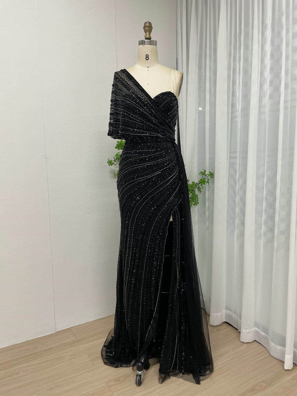 Exclusive Luxury Handmade Beading Evening Dress One-Shoulder High Slit Wedding Party Dress MB40028-3