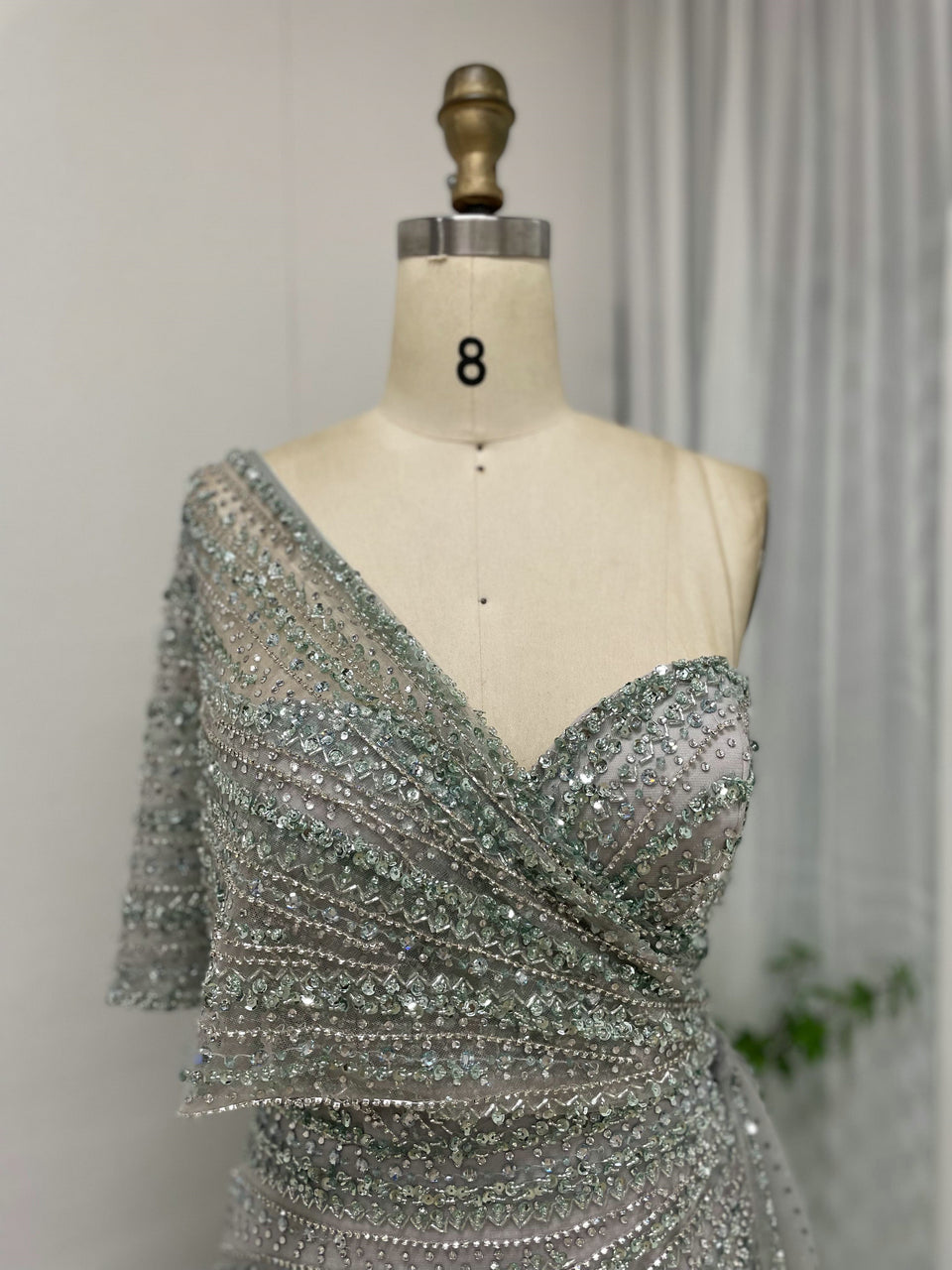 Exclusive Luxury Handmade Beading Evening Dress One-Shoulder High Slit Wedding Party Dress MB40028-3