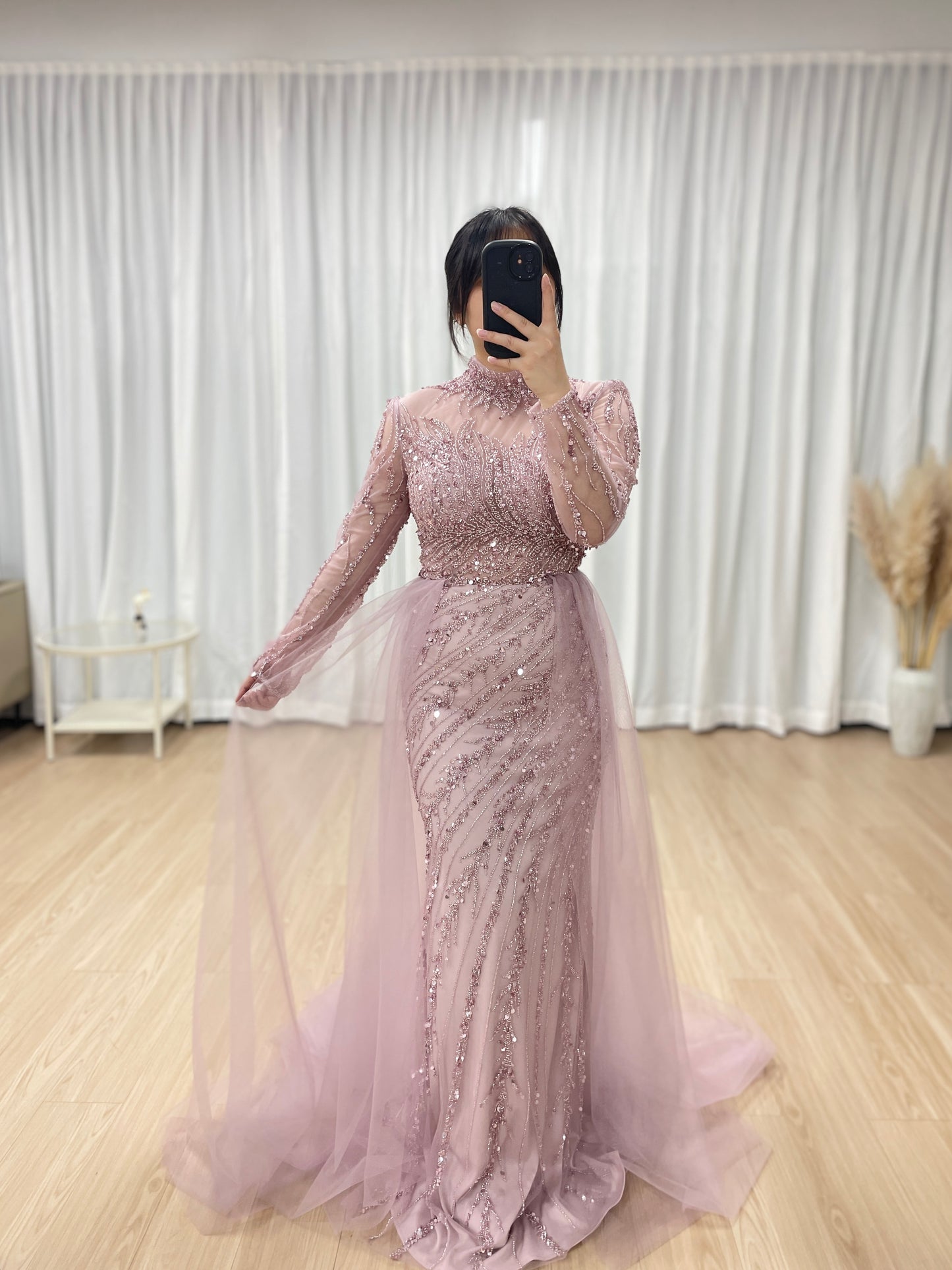 Elegant Beading Couture Wedding Party Long Sleeve Pink Evening Dress MB40064-2