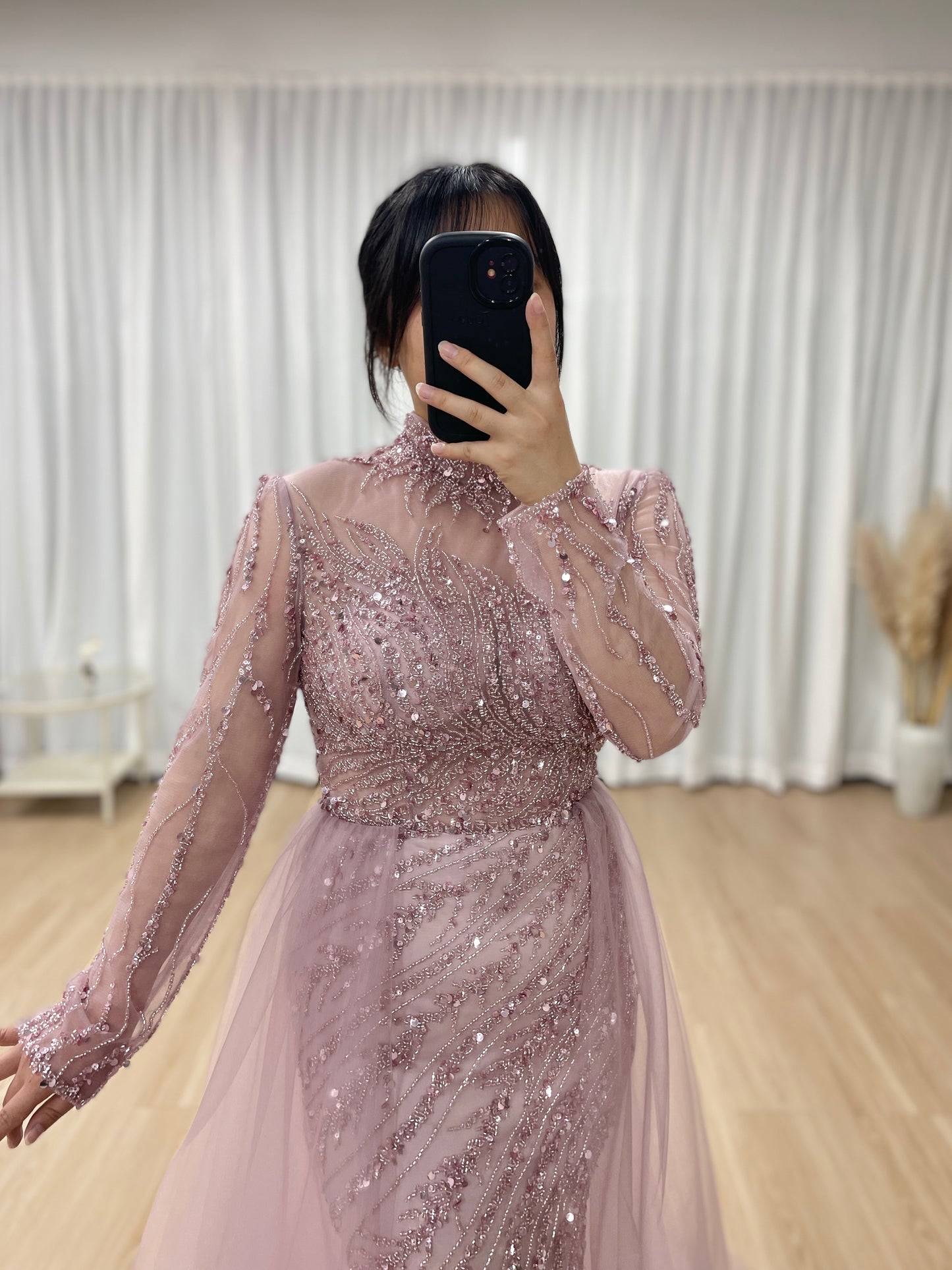 Elegant Beading Couture Wedding Party Long Sleeve Pink Evening Dress MB40064-2