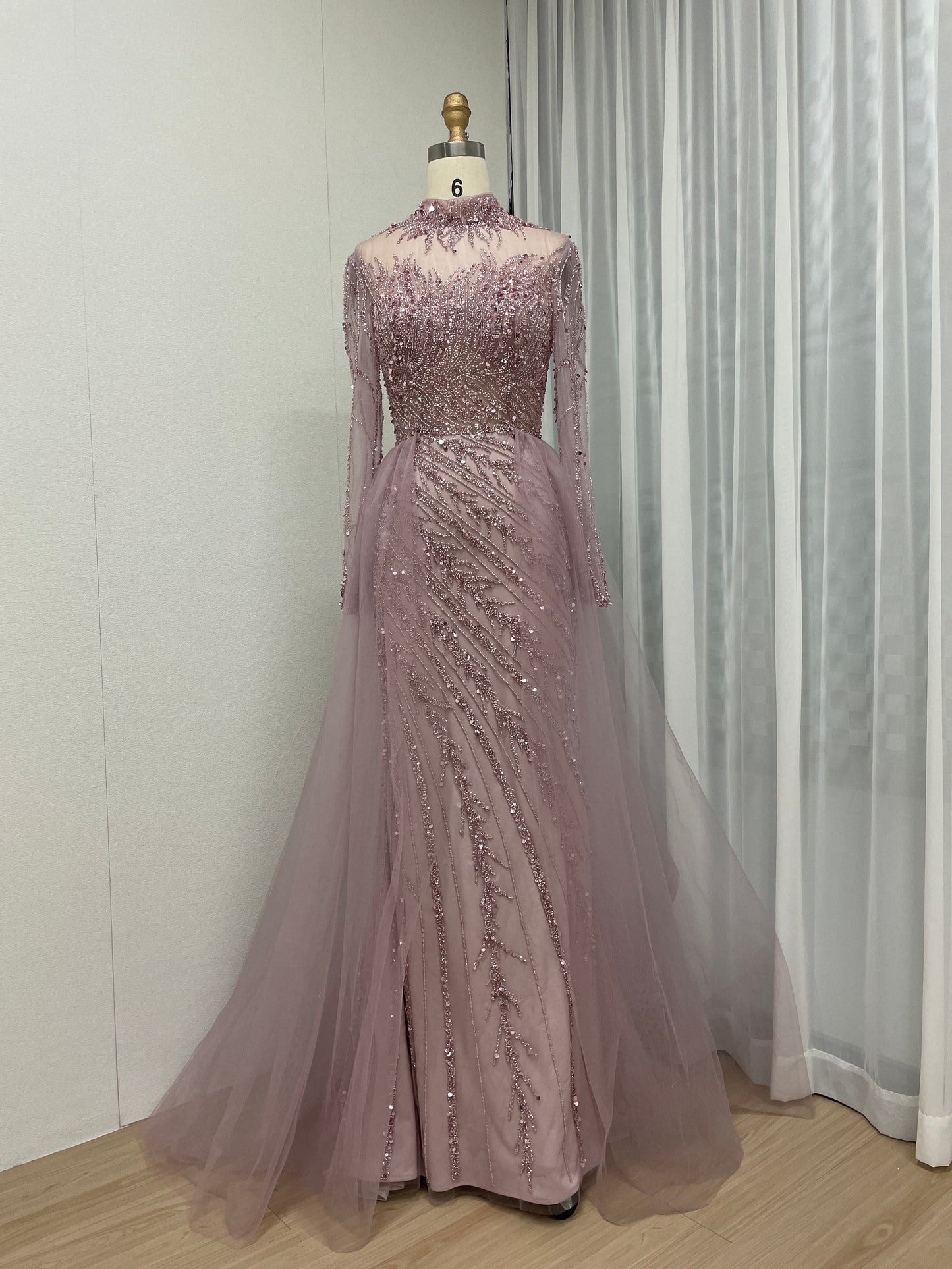 Elegant Beading Couture Wedding Party Long Sleeve Pink Evening Dress MB40064-2