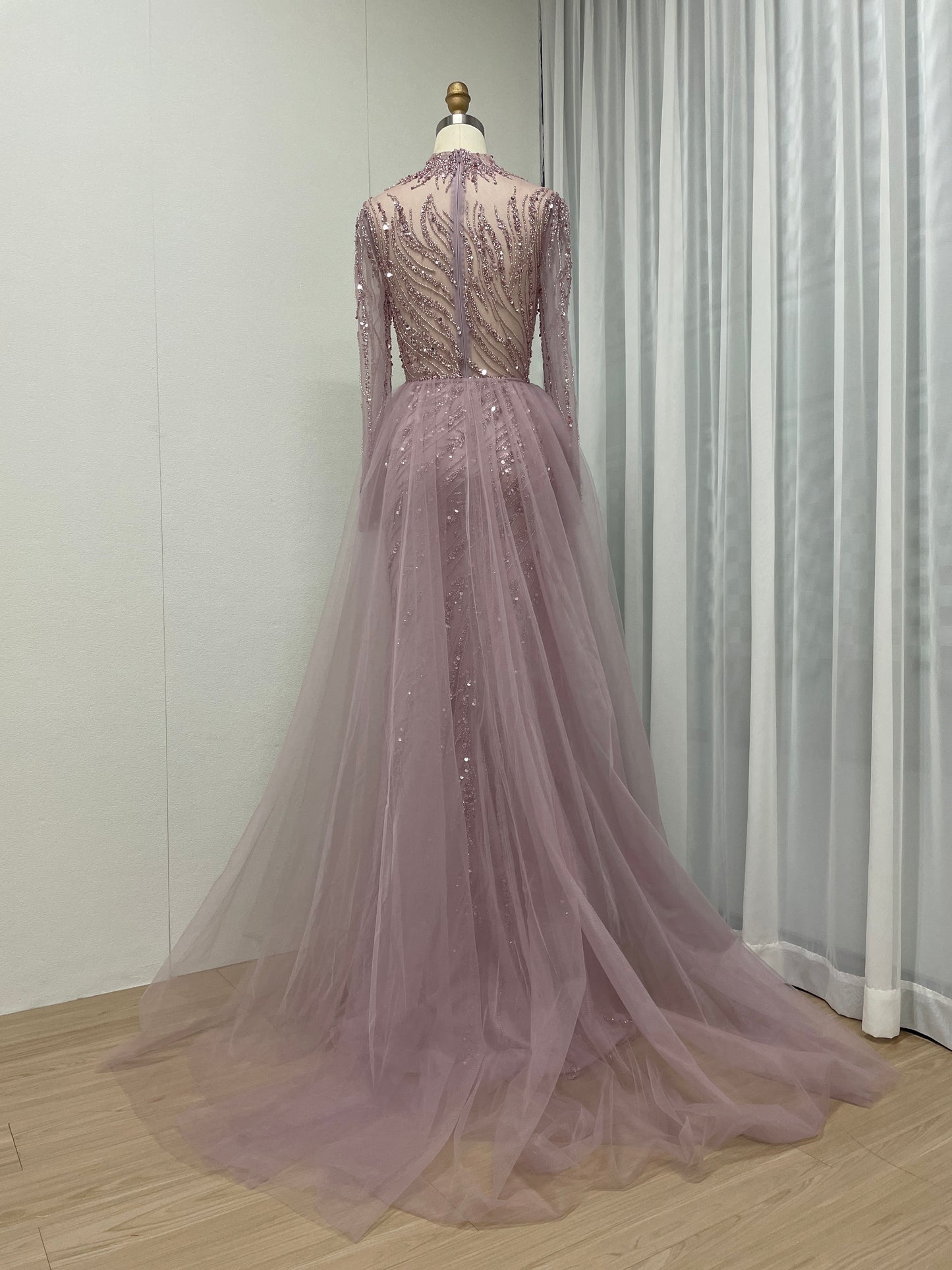 Elegant Beading Couture Wedding Party Long Sleeve Pink Evening Dress MB40064-2