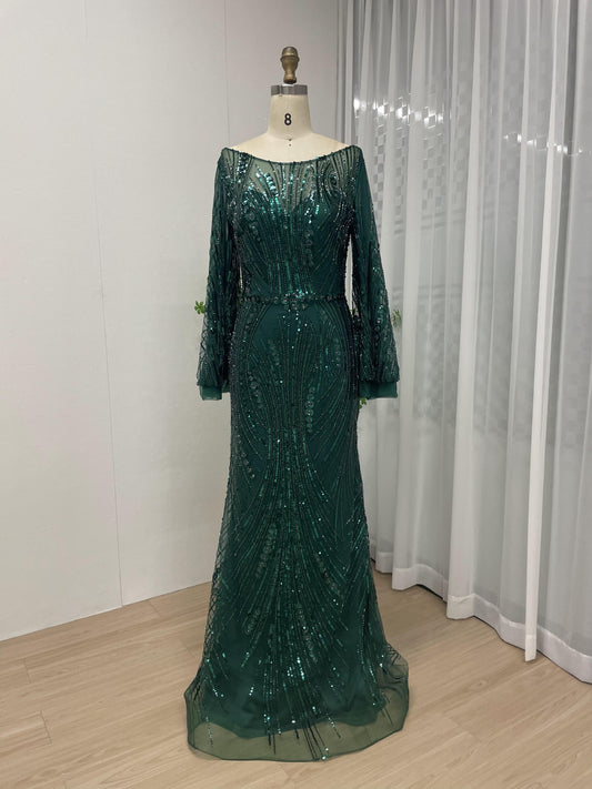 Round Neck Beading Lace Long Sleeve Evening Dress MB40069