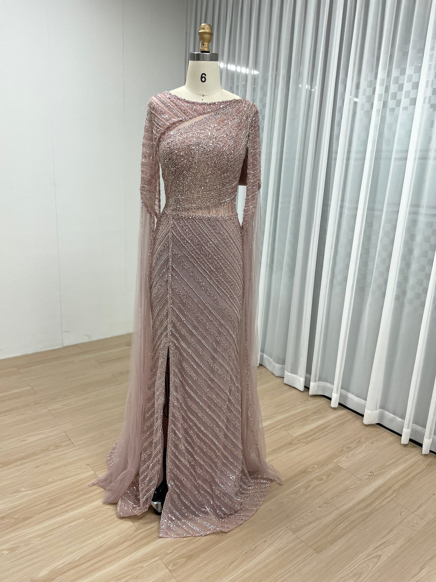 Luxury Cape Sleeve Fitted Strip Beading Lace Wedding Party Evening Dress MB40093