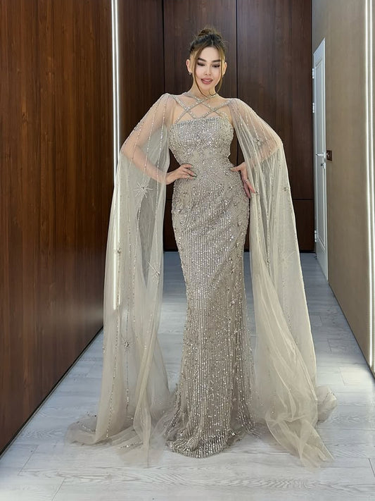 Stylish Haute Couture Body Fitted Cape Long Sleeve Evening Dress MB40155