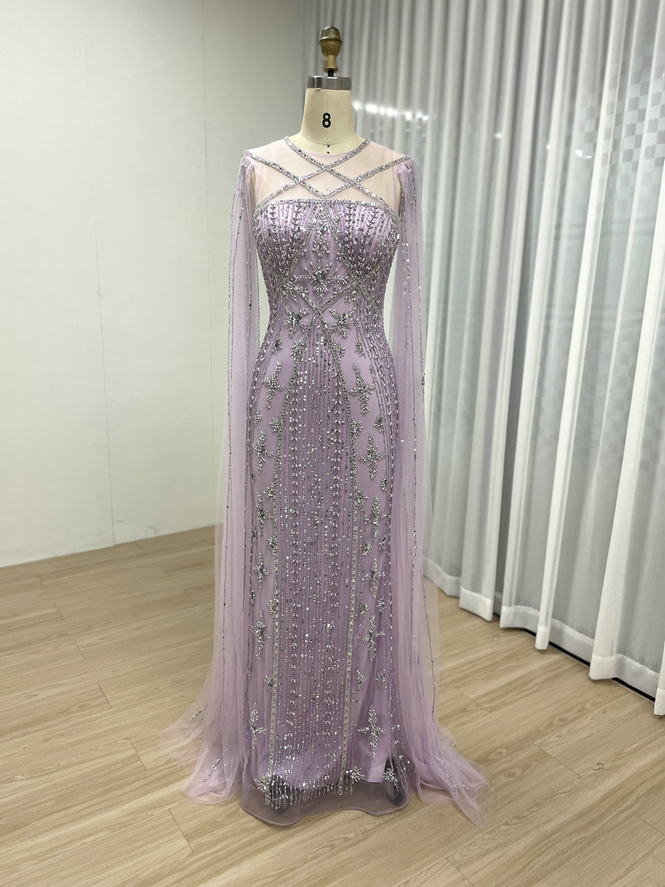 Dubai Muslim Cape Sleeves Luxury Beaded Arabic Wedding Party Gowns for Elegant Women MB40155B
