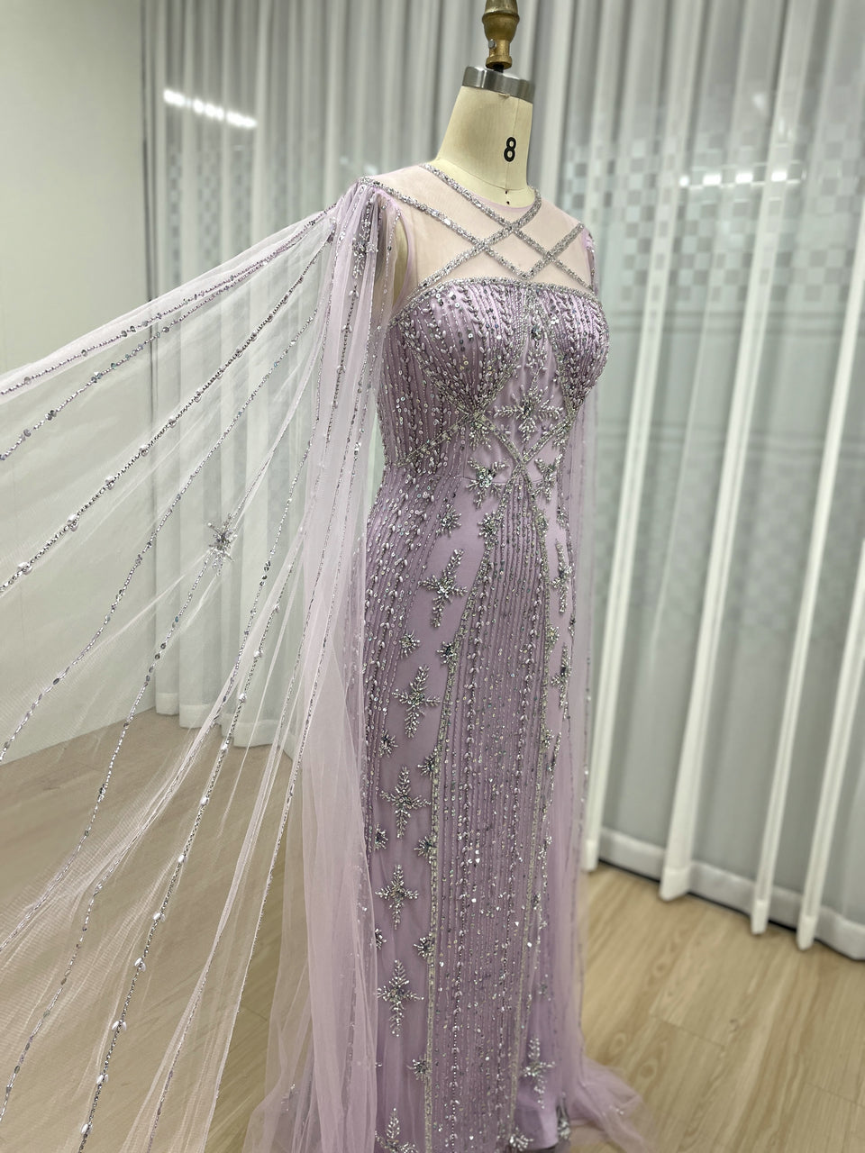 Dubai Muslim Cape Sleeves Luxury Beaded Arabic Wedding Party Gowns for Elegant Women MB40155B