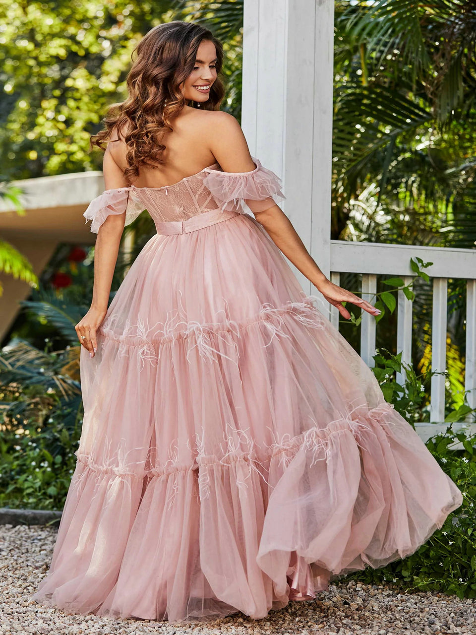 Graceful Off Shoulder Strapless Corset A Line Tulle Prom Dress MB40158