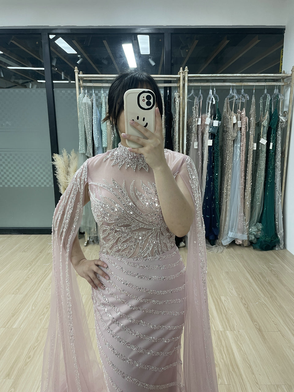 Beading High Neck Cape Sleeve Wedding Party Muslim Evening Dress MB40168