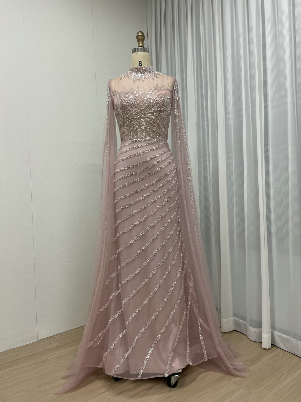 Beading High Neck Cape Sleeve Wedding Party Muslim Evening Dress MB40168