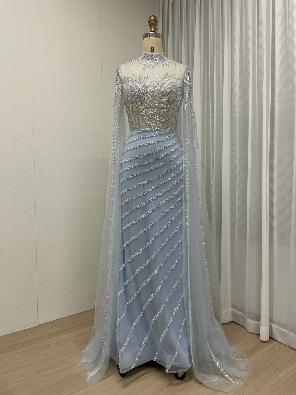 Beading High Neck Cape Sleeve Wedding Party Muslim Evening Dress MB40168