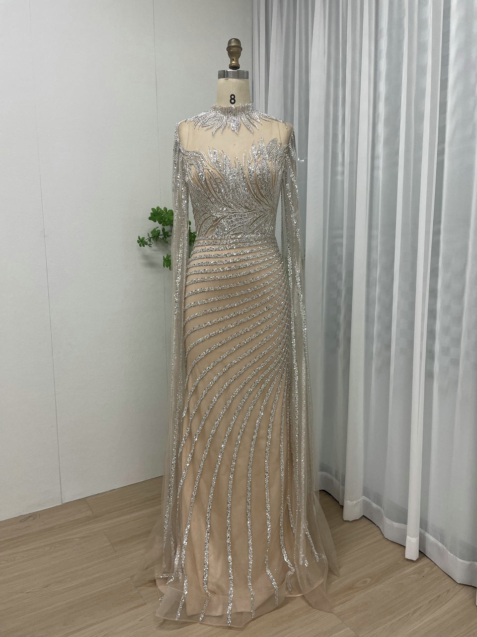 Beading High Neck Cape Sleeve Wedding Party Muslim Evening Dress MB40168