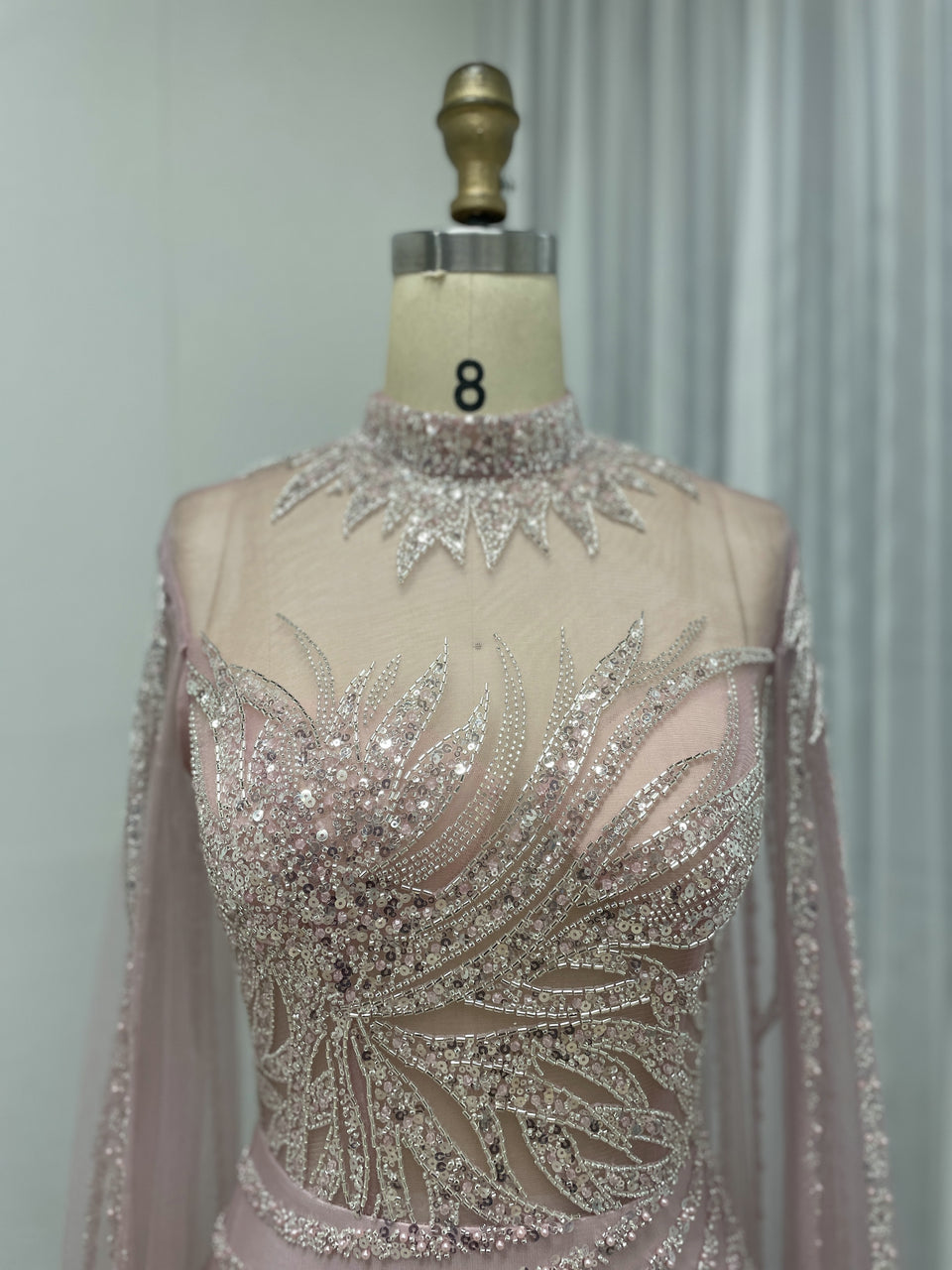 Beading High Neck Cape Sleeve Wedding Party Muslim Evening Dress MB40168