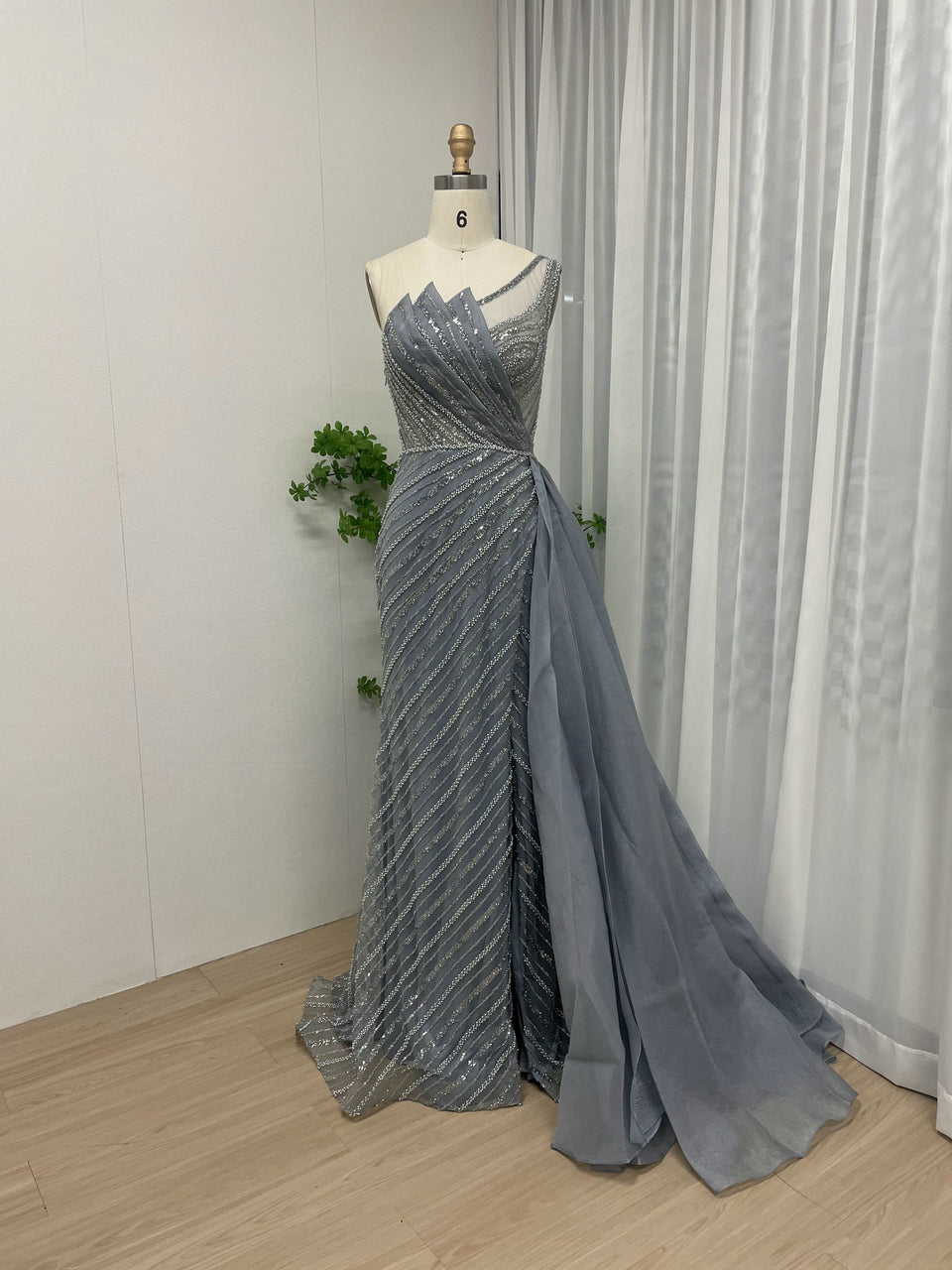 Luxurious One Shoulder Asymmetrical Mermaid Evening Gown Intricate Beading Lace Party Dress MB40185