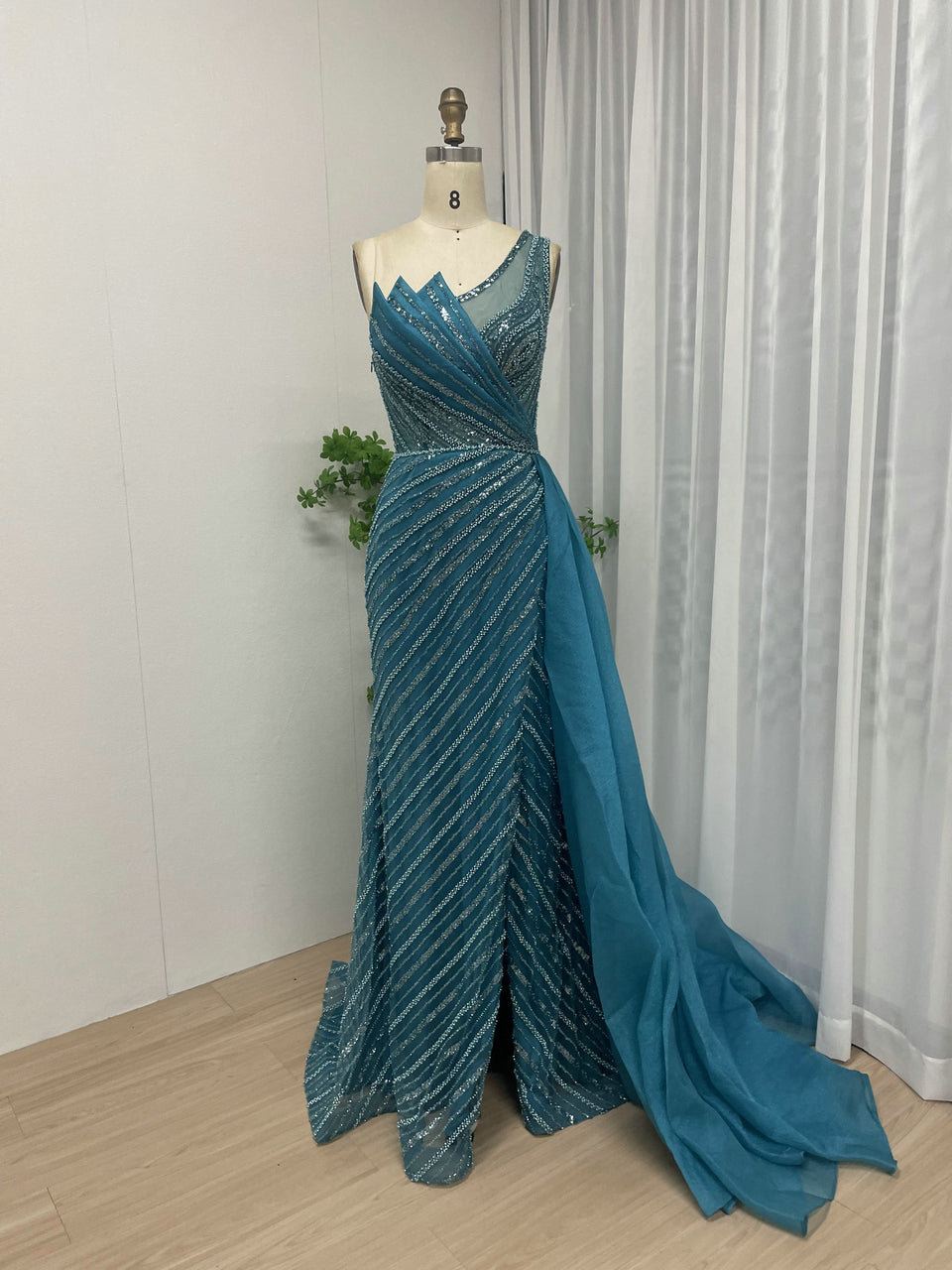 Luxurious One Shoulder Asymmetrical Mermaid Evening Gown Intricate Beading Lace Party Dress MB40185