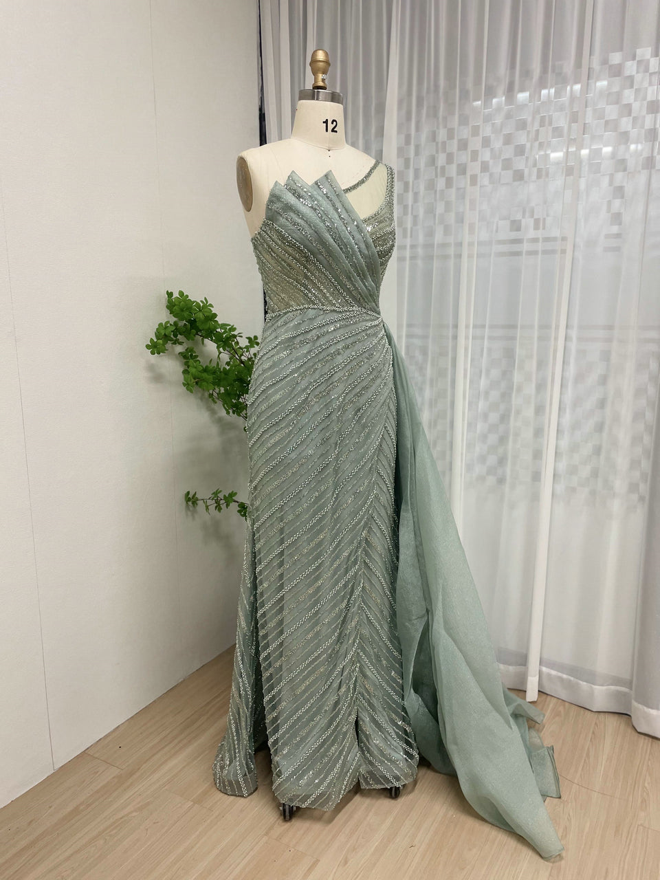 Luxurious One Shoulder Asymmetrical Mermaid Evening Gown Intricate Beading Lace Party Dress MB40185