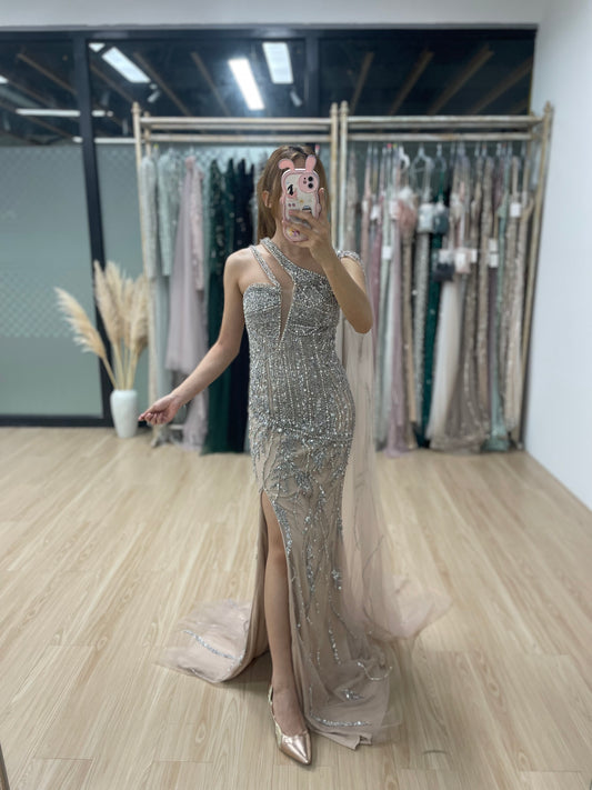 Stylish One Shoulder High Split Birthday Wedding Party Evening Dress MB40189