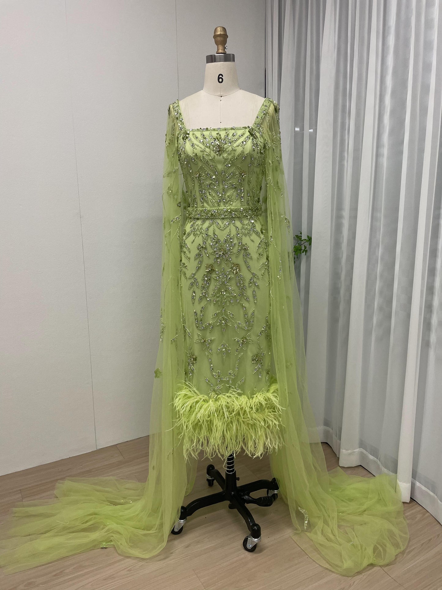 Luxury Handmade Beading Feather Bottom Cape Sleeve Midi Evening Party Dress MB40191