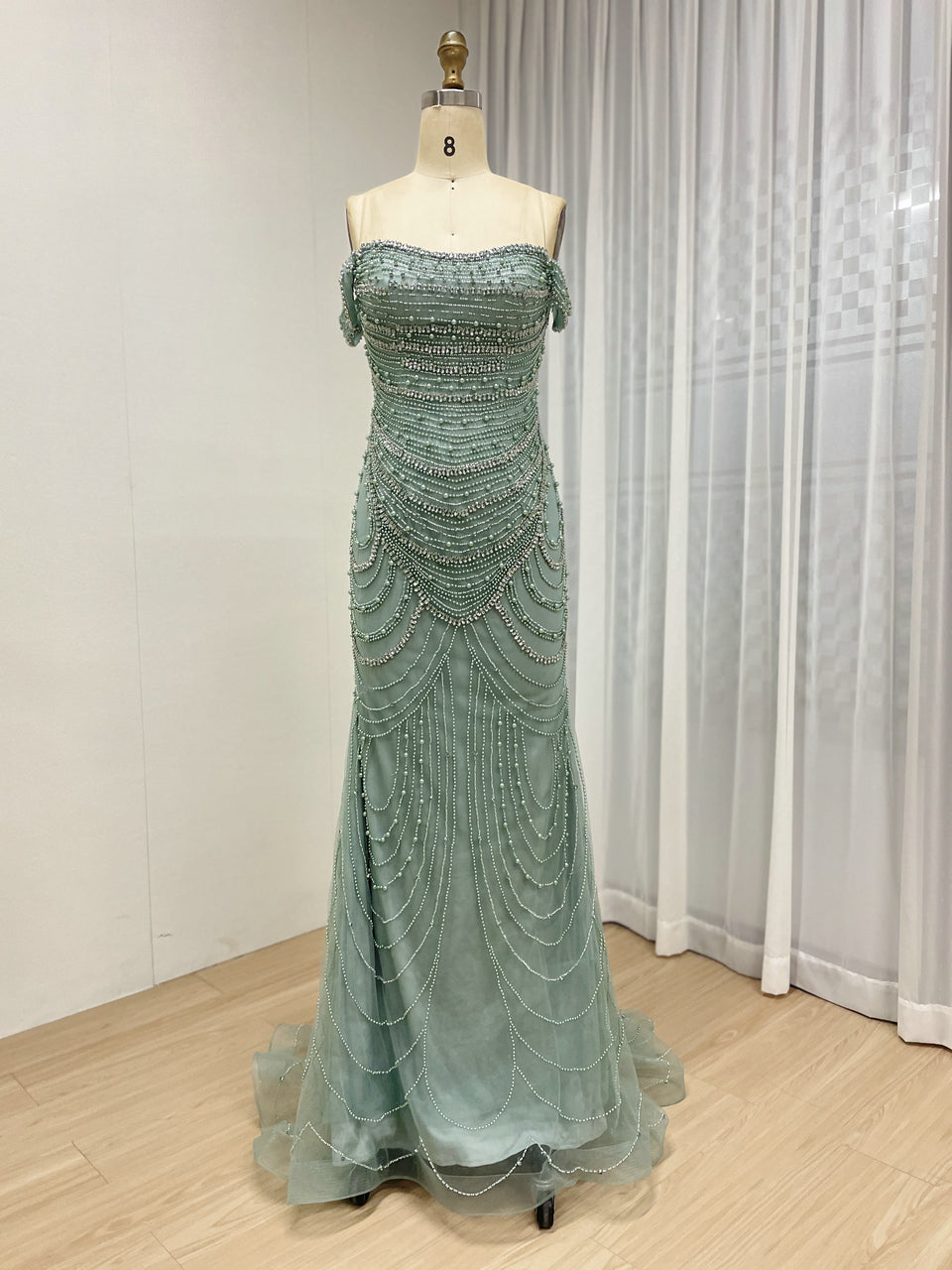Elegant Green Mermaid Gown with Off-Shoulder and Pearl Beading MB40209-2
