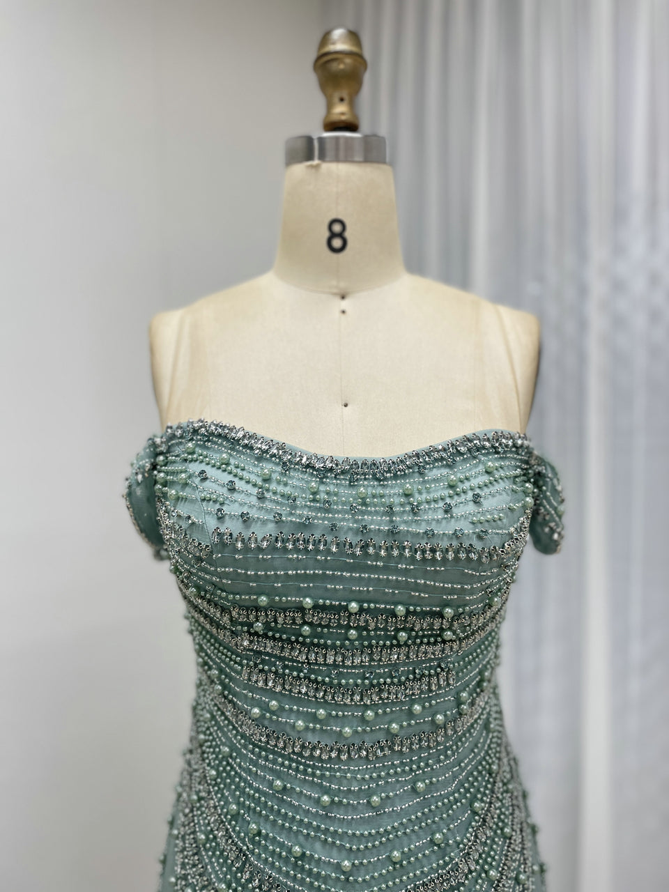 Elegant Green Mermaid Gown with Off-Shoulder and Pearl Beading MB40209-2