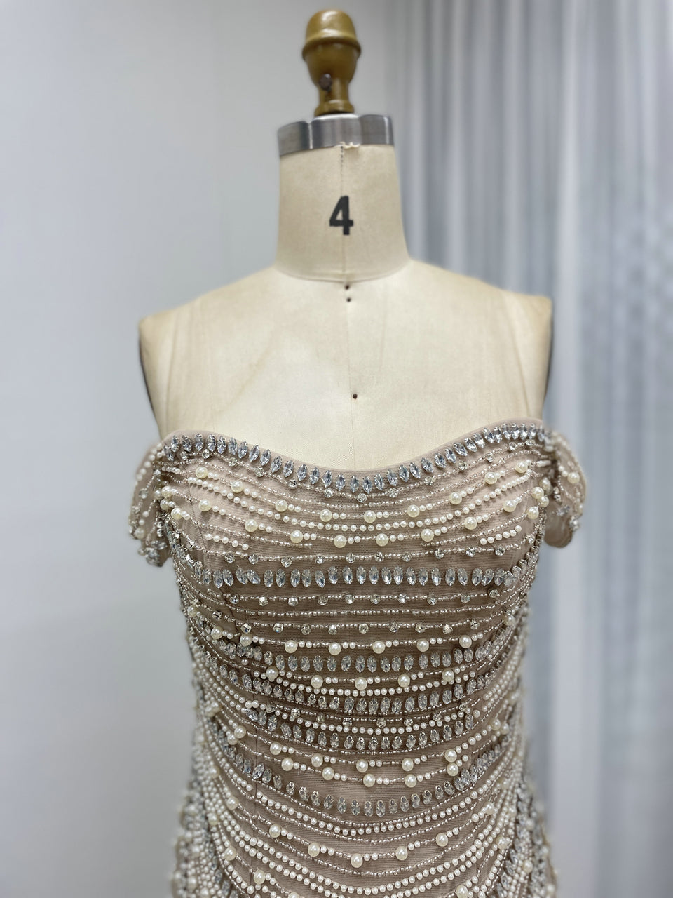 Elegant Green Mermaid Gown with Off-Shoulder and Pearl Beading MB40209-2