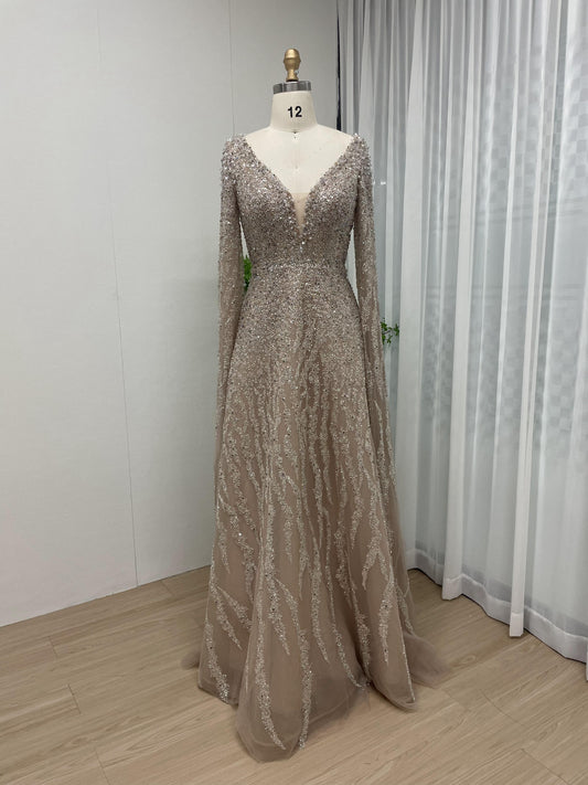Glamorous Plunging Neck Beading Lace A Line Puffy Cape Long Sleeve Wedding Party Formal Dress MB40210