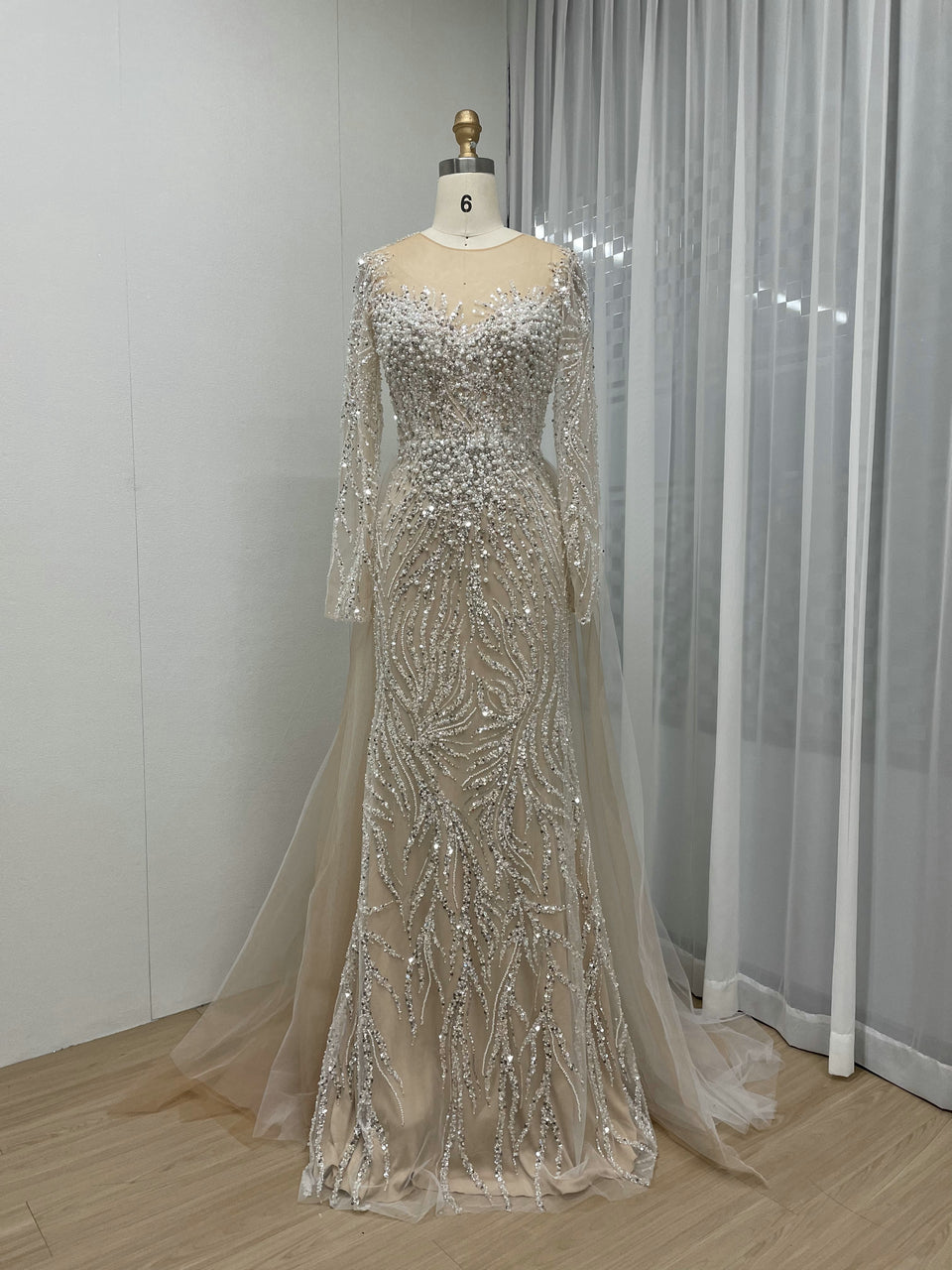Elegant Sheer Beading Neck Long Sleeve Ivory Nude Evening Dress MB40216 IVORY/NUDE / 12 Elegant Sheer Beading Neck Long Sleeve Ivory Nude Evening Dress MB40216 IVORY/NUDE / 12